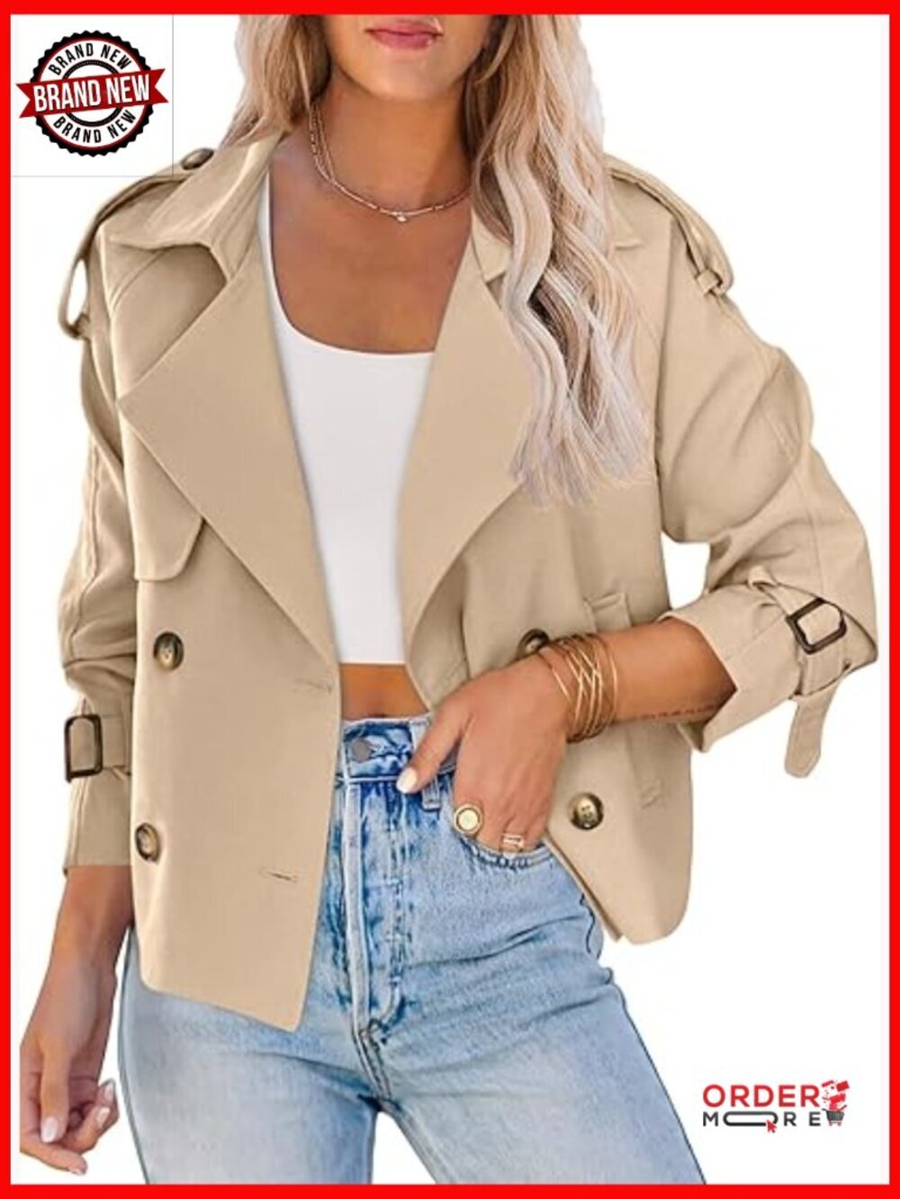 Women Double Breasted Trench Coat Crop Raglan Sleeve Work Jacket with Pockets